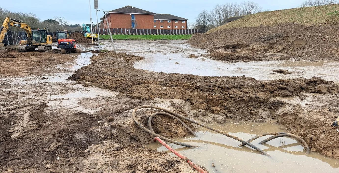 Wet, muddy construction ground after rainfall